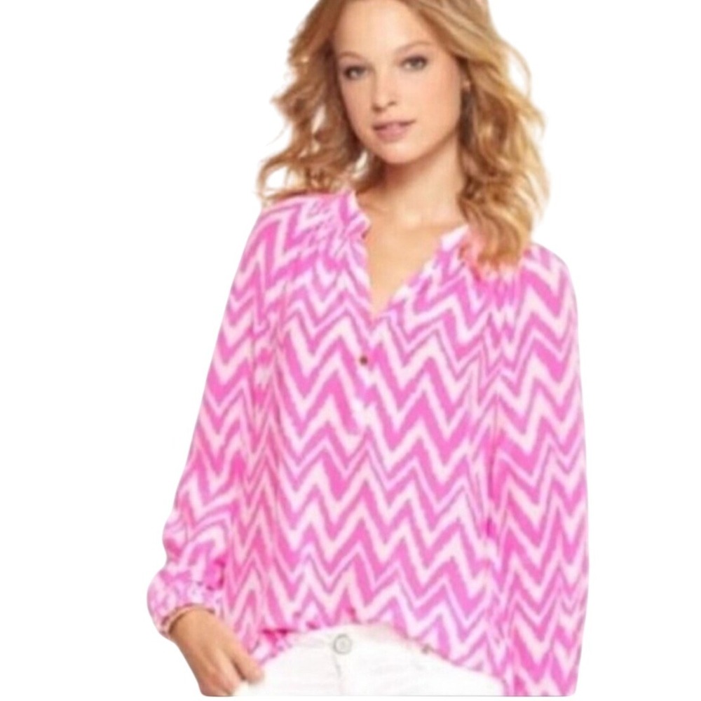 Lilly‎ Pulitzer Pink Zig Zag Long Sleeve Blouse Top Women's XS